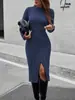Vestido de punto de cuello medio de comercio exterior, Vestido suéter largo para mujer de otoño e invierno, Ajuste ceñido, Base de punto adelgazante, Vestido de línea A