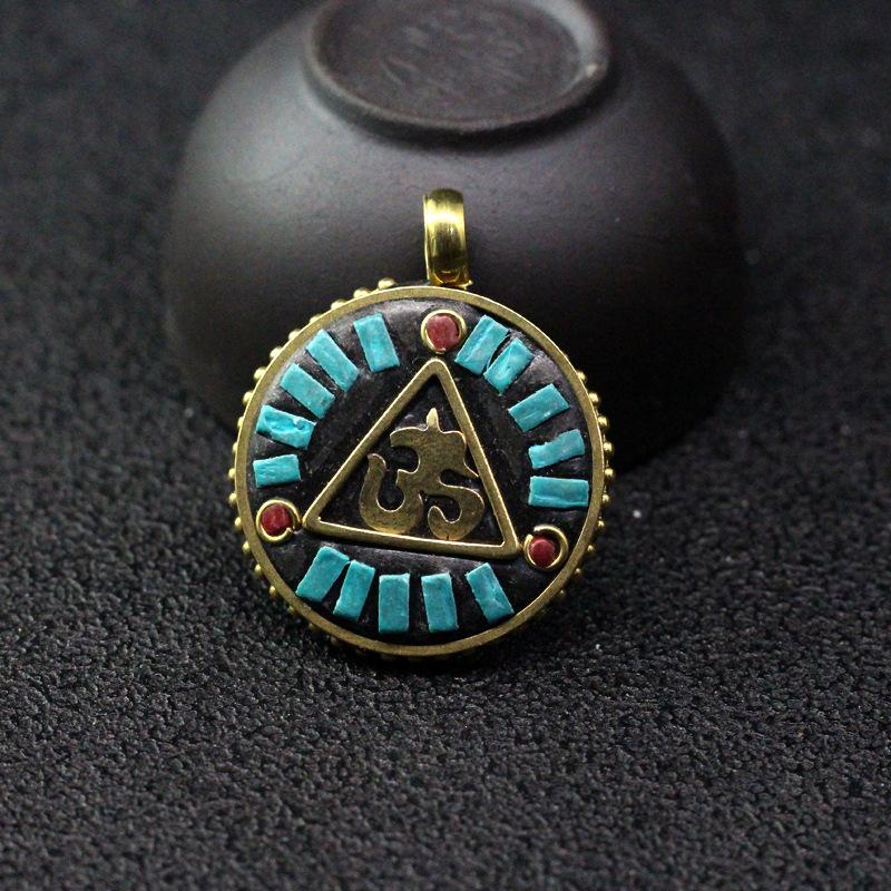 复古尼泊尔手工牌子藏式黄铜镶嵌吊牌项坠挂饰DIY饰品项链配件