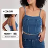 Camisola de Mezclilla Tejida Personalizada para Mujer, Alta Elasticidad, Adelgazante, Moderna, Retro, Top Ajustado de Yoga Fitness