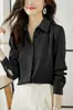 Foto Real de 25 Camisa de Cetim Cinza Azul Outono Feminina Manga Longa Outono Gola Escura Estilo Retrô de Hong Kong Caimento Roupas de Trabalho Leve e Madura