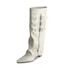 Botas Femininas Retro Outono e Inverno Lusi, Mesmo Estilo, Bico Fino, Bootcut, Salto Grosso, Cano Alto, Longas Abaixo do Joelho