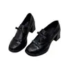 Textura de piel de vaca~Punta redonda tacón grueso lazo Mary Jane zapatos pequeños de cuero para mujer, mocasines retro de tacón alto sin cordones