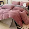 Juego de ropa de cama de cuatro piezas de terciopelo de leche, color liso, engrosado, para invierno, con una sábana bajera de forro polar por ambos lados y una funda de edredón de forro polar de coral