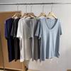 Verano Nuevo Estilo ~ Color Bonito Azul Neblina Color Puro Look Adelgazante Cuello en V Grande Suelta Versión Grande Borde Deshilachado Camiseta de Manga Corta