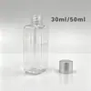 Botellas cuadradas pequeñas transparentes de 30/50 ml con tapas doradas y plateadas para dispensar aceites esenciales, champú y gel de ducha