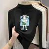 Camiseta interior base de forro polar de doble cara para niñas, nueva camiseta casual versátil con estampado de dibujos animados, camiseta de cuello alto a la moda
