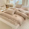 Conjunto de lençol de cama acolchoado de algodão puro Classe A com quatro peças, capa de edredom e lençol com quatro peças de sarja 100% algodão de alta densidade, cor sólida macia, com renda