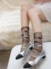 Verano Nuevo Negro Lunares Malla Calcetines Apilados Niños Estilo Ballet Lazo Calcetines Medianos Delgados Transparentes Calcetines JK