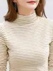 Camiseta Base de Cuello Medio Alto para Mujer 2026 Nuevo Cepillada Cuello Medio Ajustado Manga Larga Rayada Otoño/Invierno Ropa Interior Top Negro