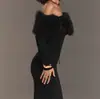 Vestido Elegante Feminino Outono e Inverno Nova Moda Estilo Europeu e Americano Transfronteiriço com Gola de Pelo Ombro a Ombro Manga Longa Slim Fit
