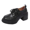 Mocassins femininos de salto alto 2026 novo estilo outono com cadarço estilo britânico sapatos pequenos de couro, versáteis com saias, sapatos de salto grosso single JK