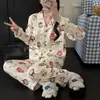 Yunduo Algodão Outono 2025 Pijama Feminino Calça de Manga Longa Cardigã Gola Lapela Pijama Conjunto Casual Feminino Roupa de Casa