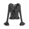 Elegante y de estilo suave, top de punto con ribete de volantes, mangas de campana exquisitas y únicas, nuevo top de principios de otoño 2026 para mujer