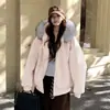 Nuevo abrigo con capucha para mujer de otoño e invierno con cuello grande de piel, cuero PU, engrosado y cálido, talla grande, corte holgado, resistente al viento e impermeable