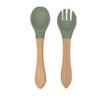 Garfo e Colher de Silicone com Cabo de Madeira para Bebê Utensílios de Mesa Infantis Suplemento Alimentar de Treinamento para Bebês Cabo de Madeira Silicone Macio Colher e Garfo Podem Morder Portátil