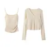 Conjunto de Dos Piezas Cardigan Corto Rosa Transpirable y Suave de Manga Larga + Camisola Interior Estilo Deseo Puro 11153