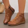 Botines Transfronterizos Europeos y Americanos Botas Martin Botas de Cuero CN Estilo Británico Retro Suela Suave Botas de Mujer Con Cordones Comercio Exterior Planos Al Por Mayor Tallas Grandes