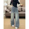 Jeans Wide Leg Solto com Strass Plus Size Feminino Outono Gordura MM Formato Pera Cintura Alta Emagrecedor Perna Reta Calças Comprimento Total