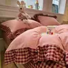 Ins retrô simples xadrez vermelho feminino renda algodão lavado conjunto de quatro peças algodão puro conjunto de três peças para dormitório 4