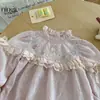 Camiseta de Algodão Manga Longa Menina Limão Mangas Bufantes Bordado de Renda Estilosa Infantil Menina Bud Top Primavera Outono