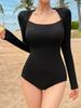 Traje de baño de manga larga negro sexy de estilo coreano para mujer, ajustado, adelgazante, con busto pequeño, ideal para vacaciones en aguas termales.