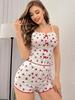 2024 Amazon AliExpress Novo Produto Coração Estampado Contraste Roupa de Casa Fenda Frontal Alça Calça Pajama Conjunto
