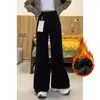 Pantalones de micro-lar negros sin pernera con forro polar para mujer, nuevos de otoño e invierno 2024, de cintura alta, corte holgado, ajustados, pierna ancha, hasta el suelo