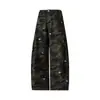 Calça de trabalho estilosa com estampa camuflada estilo de rua americano, jeans casual unissex de corte solto para primavera e outono para casais