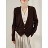 Cardigan de Tricô Color Block V-Neck Estiloso, Falso Duas Peças, para Mulheres, Suéter de Manga Longa para Primavera e Outono, Top Elegante de Corte Justo, Preto