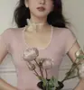 Playera Azul de Punto de Manga Corta con Cuello U Grande para Mujer, Corta, Dopamina, Ajustada, Diseño Sensorial de Manga Volante, Top para Verano