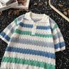 Ins2025 Verão Estilo Americano Vintage Tricotado Vazado Colorblock Listrado Casual Solto Camiseta Polo Masculina de Manga Curta