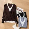 Estilo Novo de Outono Elegante Top de Seda e Lã Feminino Solto Manga Longa Casual Malha Camada Base Gola V Falso Duas Peças Suéter de Lã