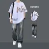 Camiseta de Manga Corta Estilo High Street Americano Conjunto de Verano para Estudiante Conjunto Casual de Dos Piezas para Hombre Tendencia Diaria Adolescente