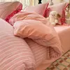 Ins simples A-line cadarço laço dupla camada gaze conjunto de quatro peças lençol lençol com elástico estilo dormitório algodão puro roupa de cama conjunto de três peças