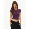 Camiseta Cropped Manga Corta Ajustada Algodón Puro Elástico Chica Picante Mujer Verano Estilo Americano Hombro Recto Cuello Redondo Top Corto Morado Oscuro