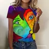 Camiseta de Moda Transpirable de Verano para Mujer con Interesante Estampado de Rostro Abstracto 3D, Nueva Camiseta de Cuello Redondo 2024