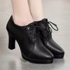 Sapatos de Cadarço Novos e Convenientes para Primavera e Outono Sapatos para Mãe de Meia-idade Salto Grosso Salto Médio Couro Macio Solado Macio Confortáveis Cor Sólida Sapatos Pequenos de Couro