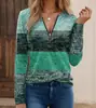 Camiseta de mujer para primavera y verano 2024, popular en Amazon Europa y América, con cuello en V, cremallera, costuras, manga larga, estampada con flor ardiente