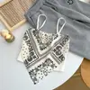 Top Cropped de Lã Estampado com Alça Fina Estilo Hong Kong para Mulheres