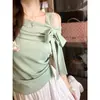 Camiseta Irregular Estilo Deseo Puro con Lazo de Manga Corta para Mujer, Diseño de Verano, Top de Encaje de un Hombro de Nicho con Manga Corta