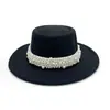 Cinto de Pérolas Estilo Hepburn Francês Chapéu de Topo Plano Estilo Dama da Moda Chapéu Preto Retrô Britânico Outono e Inverno para Mulheres