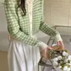 Estilo Suave Ropa Corta Otoño Nuevo Amor Patrón de Houndstooth Suéter de Manga Larga Abrigo Cárdigan Tejido para Mujer