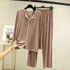 Conjunto de Pijama Feminino Modal Outono/Inverno Fino Simples Gola V Manga Longa Calça Longa Duas Peças Roupa de Casa Solto e Versátil