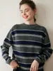 Suéter de Cashmere Tricotado com Gola Redonda Feminino Outono e Inverno Novo Suéter Listrado para Usar por Baixo Suéter Pulôver Preguiçoso Solto Retrô