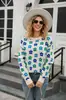 Otoño Nuevo Jersey de Cuello Redondo para Mujer Europeo y Americano Versátil Estampado de Flores Cálido Tejido de Punto de Manga Larga para Mujer