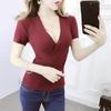 Camiseta de Manga Corta Ajustada de Punto Cruzado con Cuello Redondo Sexy Estilo Coreano para Mujer, Talla Única, Versátil, Escote en V