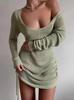 Comercio Exterior Otoño Europeo y Americano AliExpress Vestido de Lana Sexy Cuello en U Espalda Descubierta Cordón Color Sólido Vestido de Lana para Mujer