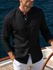 Camisa de hombre estilo chino con cuello mao y tapeta oculta, camisa de manga larga con textura de lino, ropa suelta y casual para hombre al por mayor