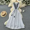 Vestido de renda sem mangas com retalhos estilo francês para mulheres, vestido de verão listrado de cintura alta em linha A, acinturado emagrecedor elegante longo