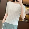 Nueva ropa de mujer de verano, top de punto acanalado de algodón puro con cuello redondo estilo coreano, camiseta elegante y versátil